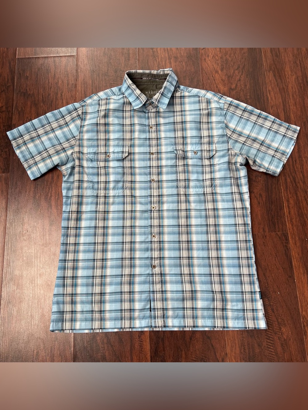 Kuhl Eluxur Ionik Blue Plaid Short Sleeve Button Up Hiking Shirt Mens Large
